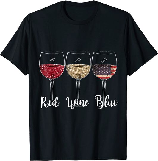 Red Wine Blue Wine Glasses USA Flag Patriotic T-Shirt