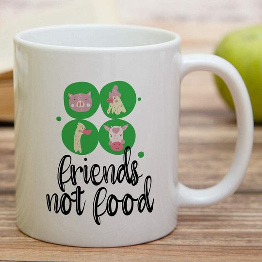 Friends Not Food Vegan Vegetarian Animal Lover Ceramic Coffee Mugs - Motivational, Inspirational birthday gifts for friends, him her coworkers, dad, mom sis