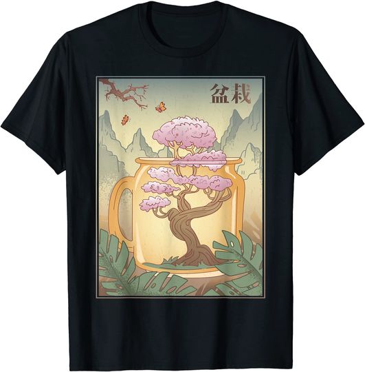 Vintage Cherry Blossom Woodblock Japanese Graphical Art T-Shirt