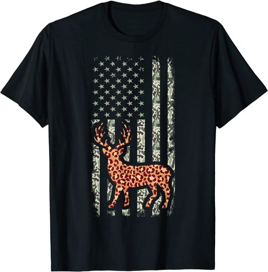 Deer Hunter Camo American Flag Patriotic Leopard Print Buck T-Shirt