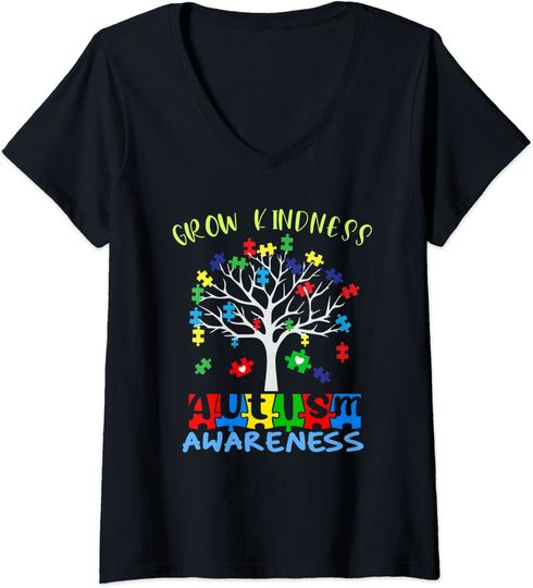 Womens Tree of Kindness Puzzle Pieces Cute Autism V-Neck T-Shirt
