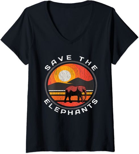 Save The Elephants Silhouette Animal Conservation V Neck T Shirt