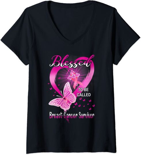 Womens Breast Cancer Survivor Pink Butterfly Blessed To Be Called V-Neck T-Shirt