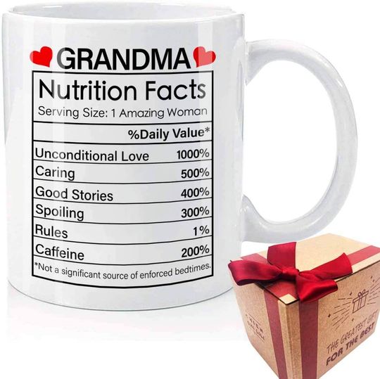 Grandma Nutrition Facts Mug, Mother's Day Mug for Grandma Nana Gigi, World Best Grandma, White