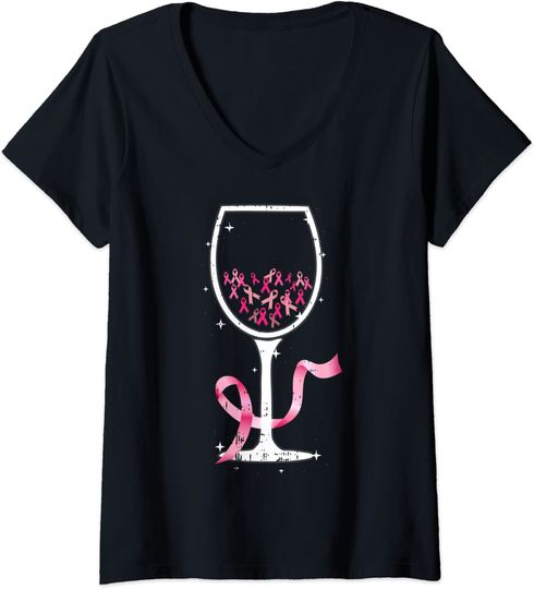 Discover Glass Pink Ribbon Cool Breast Cancer Awareness Gifts V-Neck T-Shirt
