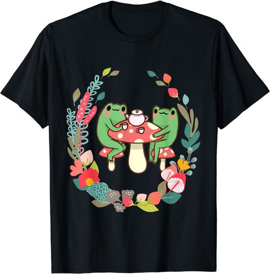 Drinking Tea Mushroom Cottagecore Aesthetic Frog T-Shirt