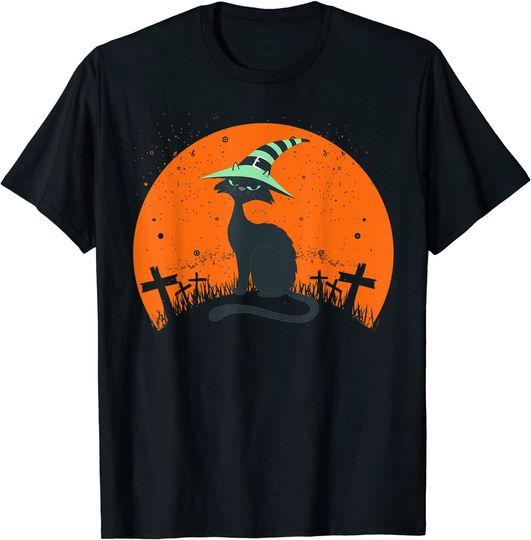 Scary Black cat Halloween Sunset Moon Retro Vintage 2021 T-Shirt