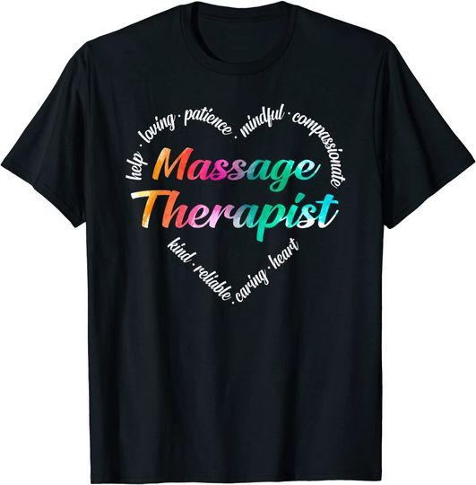 Discover Massage Therapist Heart Word Cloud Watercolor Rainbow T-Shirt