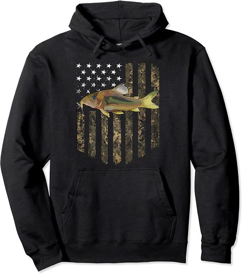 Camo American Flag Corydoras Catfish 4th Of July Aquarium Pullover Hoodie