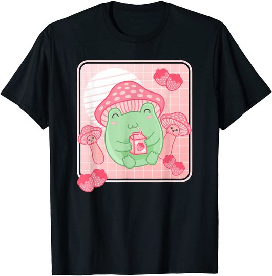 Kawaii Frog Pink Strawberry Mushroom Cottagecore Aesthetic T-Shirt
