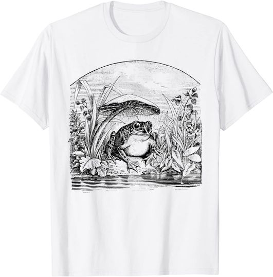 Vintage Cottagecore Frog under Mushroom Umbrella T-Shirt