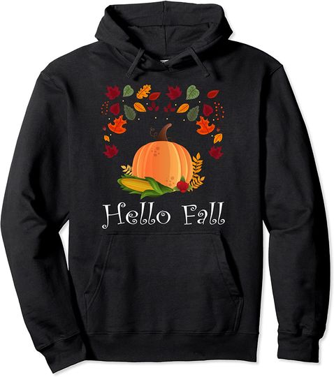 Hello Fall Pumpkin Halloween black Orange Leaves Pullover Hoodie