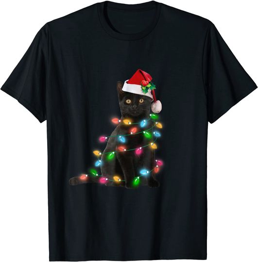Black Cat christmas light T-shirt