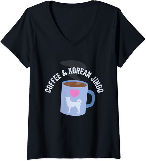 Coffee And Korean Jindo Dog Owner Pet Love Doggo Puppy V-Neck T-Shirt