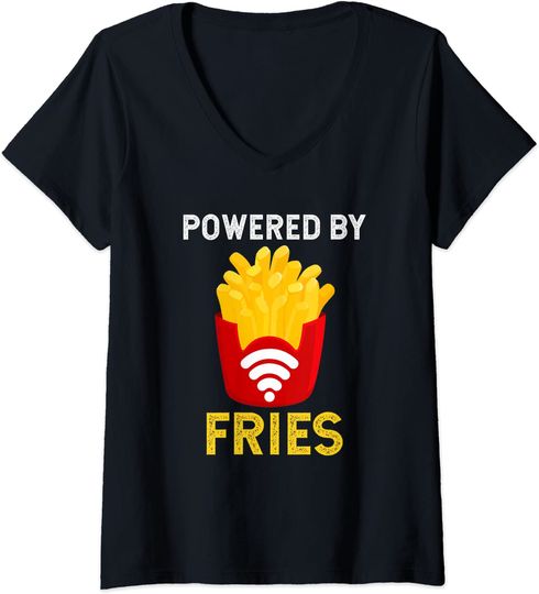 Powered by Fries Fried Potato Fry Fast Food V-Neck T-Shirt