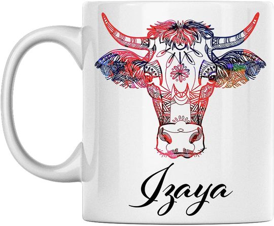 Personal Cow Mug Name Izaya White Ceramic Coffee cup Printed on Both Sides Perfect for Birthday For Him, Her, Boy, Girl, Husband, Wife, Men, and Women