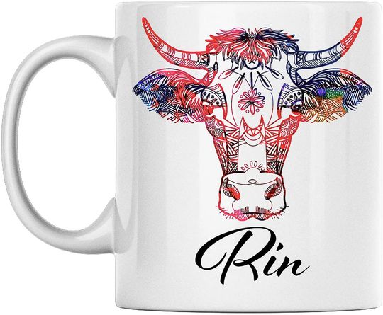 Personal Cow Mug Name Rin White Ceramic Coffee Mug Printed on Both Sides Perfect for Birthday For Him, Her, Boy, Girl, Husband, Wife, Men, and Women