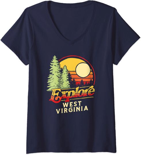 Discover Explore West Virginia! Outdoor Lover & Nature Vintage 80's V-Neck T-Shirt