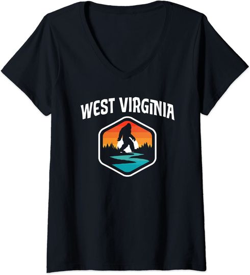 Discover West Virginia Vintage Bigfoot Outdoor & State Pride Nature V-Neck T-Shirt