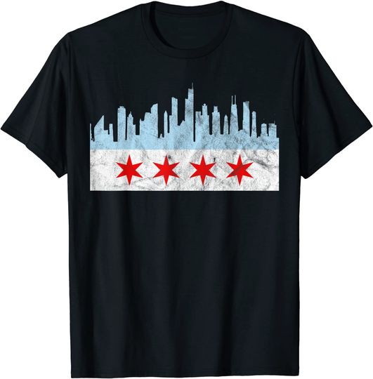 Chicago Flag Distressed Vintage Downtown Skyline Illinois T Shirt