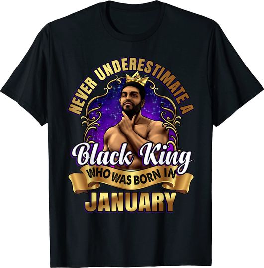 Black King Birthday January Beard Crown Husband Son Dad T-Shirt
