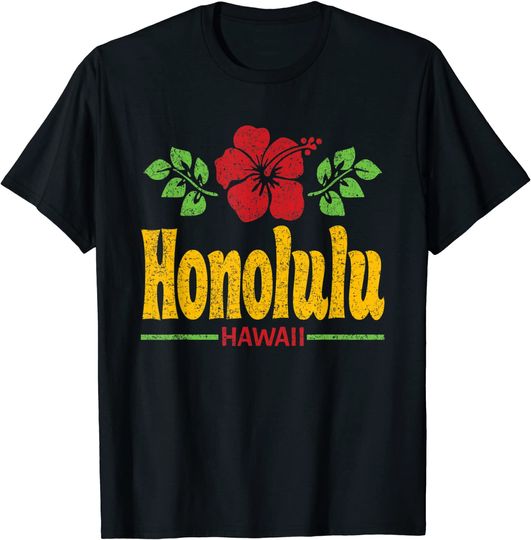 Honolulu Hawaii Flowers Distressed Color Print T-Shirt
