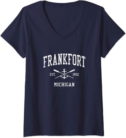 Frankfort MI Vintage Crossed Oars & Boat Anchor Sports V-Neck T-Shirt