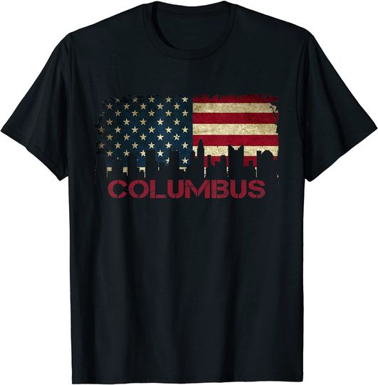 Columbus Ohio City Skyline Art USA Flag Proud American T-Shirt