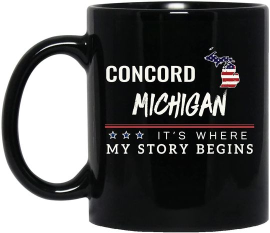 American Flag Mug Concord Michigan Coffee Cup It's Where My Story Begins Coffee Mug Patriotic Gift Independence Day Memorial Day Tea Cup Black