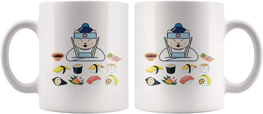 Sushi Cat Chef Japanese Cuisine Coffee Mug Japan Food Art Lover Cook's Great Present Ceramic Tea Cup White