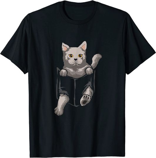British Shorthair Cat Sits in Pocket I Cats T Shirt