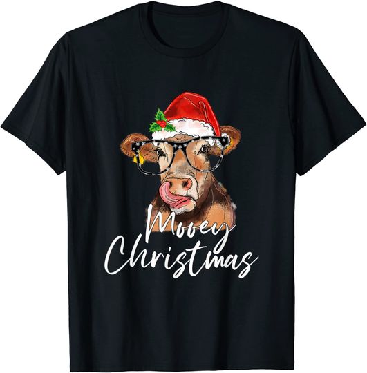 Funny Mooey Christmas Cow In Santa Hat Xmas Farmer T-Shirt