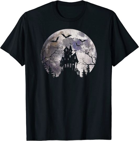 Halloween Full Moon Illustration a House of Horror & Bats T-Shirt