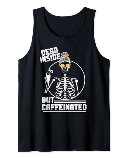 Dead Inside But Caffeinated Leopard Skull Drinking Coffee Tank Top