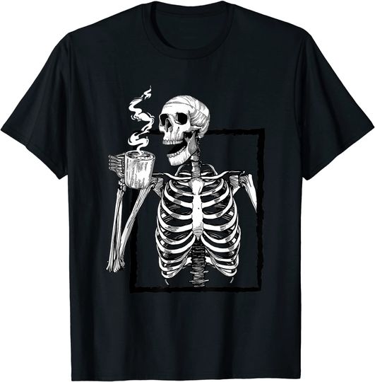 Discover Skeleton Drinking Coffee Halloween Skull T Shirt