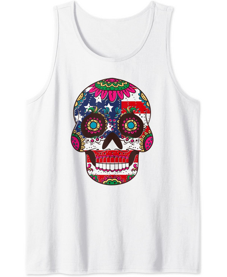Sugar Skull In USA Flag Halloween 2021 Bone Head Skulls Tank Top