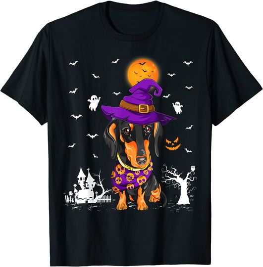 Funny Pumpkin Witch Hat Dachshund Dog Halloween T-Shirt