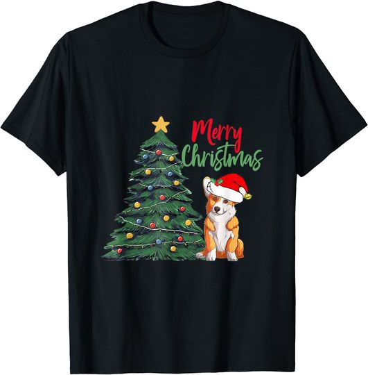 Merry Christmas Corgi Dog in Santa Hat Cute Holiday T-Shirt