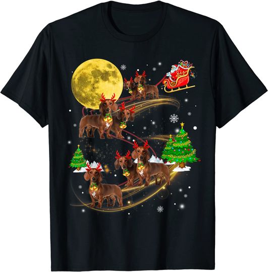 Dachshund Reindeer Christmas Dog Riding Santa Light Xmas T-Shirt