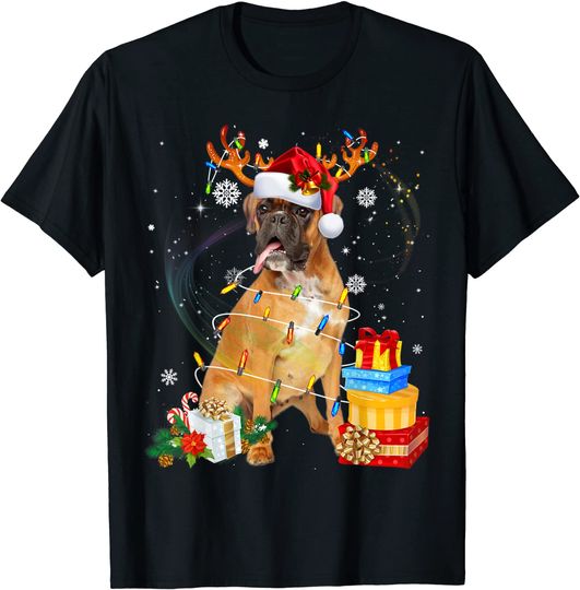 Boxer Dog Christmas Reindeer Santa Lights Dogs T-Shirt