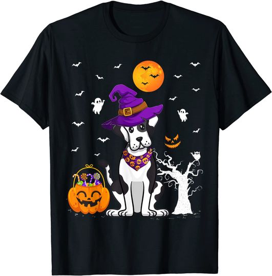 Funny Pumpkin Witch Hat Great Dane Dog Halloween T-Shirt
