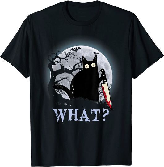 Discover Cat What? Murderous Black Cat With Knife Halloween Costume T-Shirt