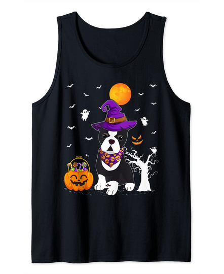 Funny Pumpkin Witch Hat Boston Terrier Dog Halloween Tank Top