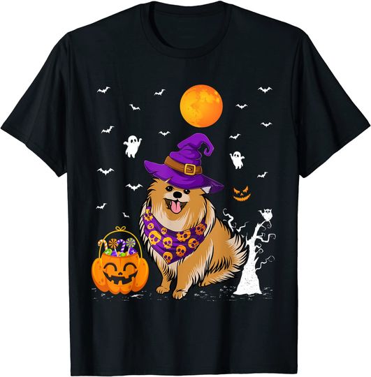 Funny Pumpkin Witch Hat Pomeranian Dog Halloween T-Shirt