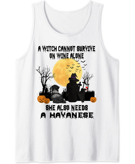 Witch Wine And Havanese Dog Mom Funny Halloween Costume Tank Top
