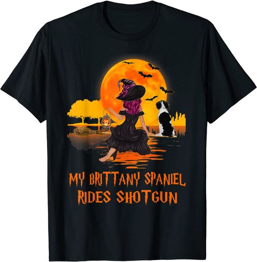 Discover My Brittany Spaniel Rides Shotgun Dog and Witch Halloween T-Shirt
