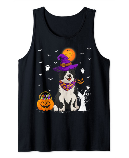 Funny Pumpkin Witch Hat Border Collie Dog Halloween Tank Top