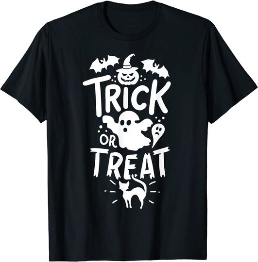 Discover Halloween Trick Or Treat Tee Bat Ghost Pumpkin Cat T-Shirt