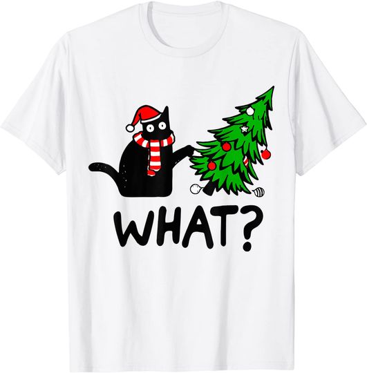 Funny Black Cat Gift Pushing Christmas Tree T-Shirt