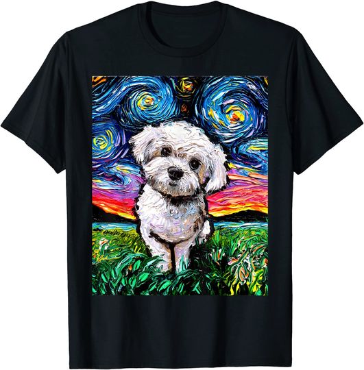 Maltipoo Starry Night White Maltese Poodle Dog Art T Shirt